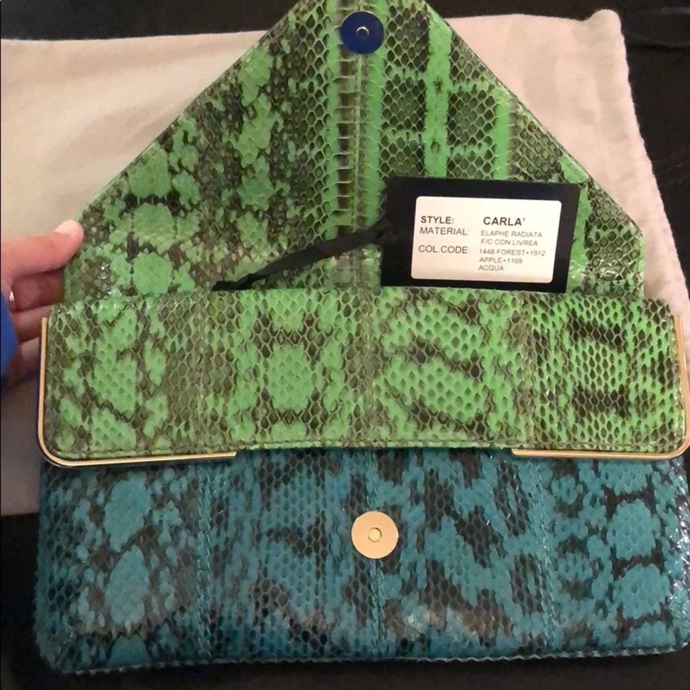 Brian Atwood Green and Teal Snakeskin Envelope Clutch